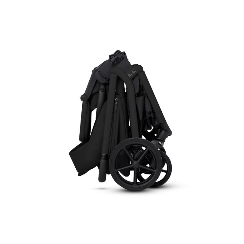 Compact Black Silver Cross Breez Stroller, folded with visible wheels and sleek design for easy transport.