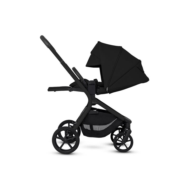 Silver Cross Breez Compact Stroller in Onyx color, featuring a sleek black frame, adjustable canopy, and spacious storage basket.