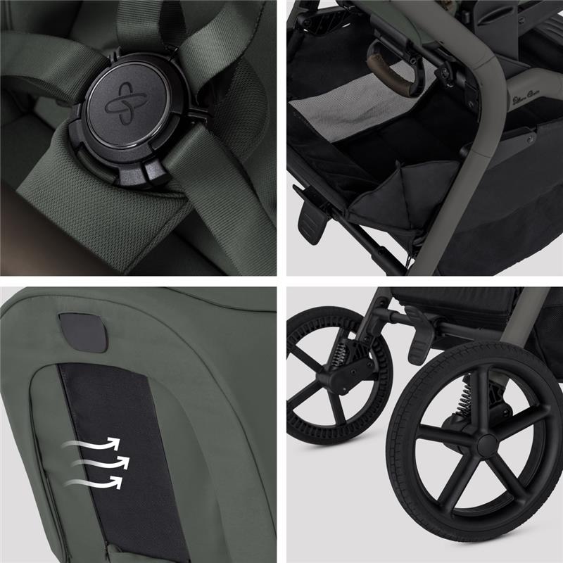 Compact Silver Cross Breez stroller in pewter color, showcasing harness, storage compartment, ventilation, and wheel details.
