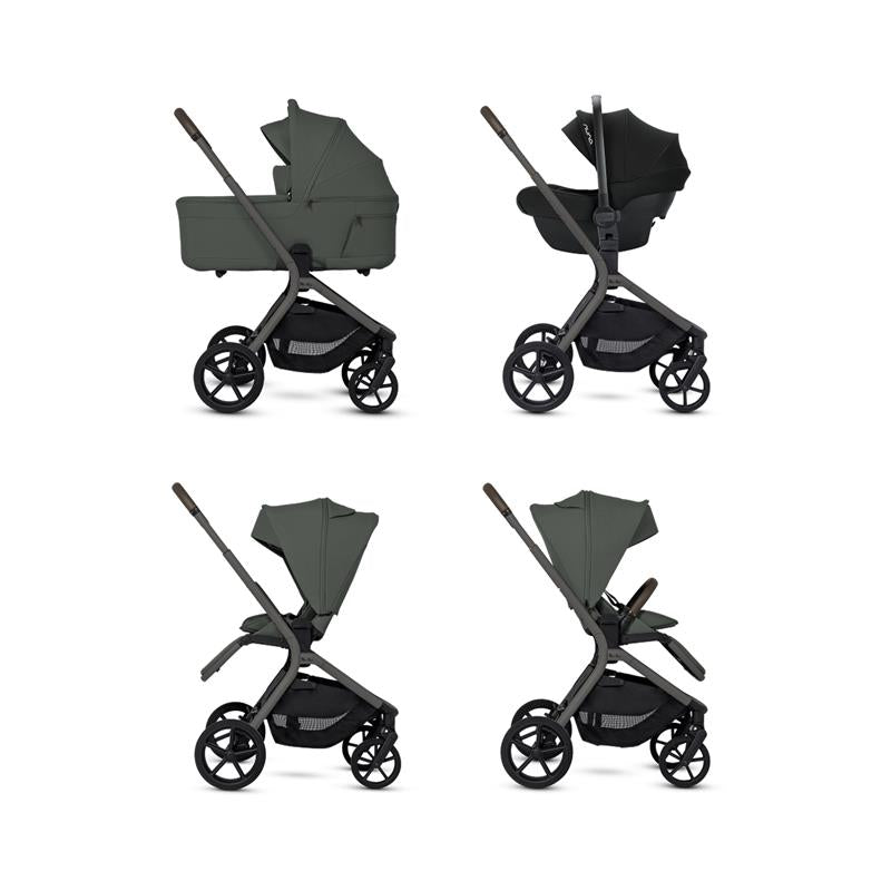 Silver Cross Breez Compact Stroller in pewter, shown in four positions: bassinet, forward-facing, and two reclining modes.