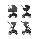 Silver Cross Breez Compact Stroller in pewter, shown in four positions: bassinet, forward-facing, and two reclining modes.