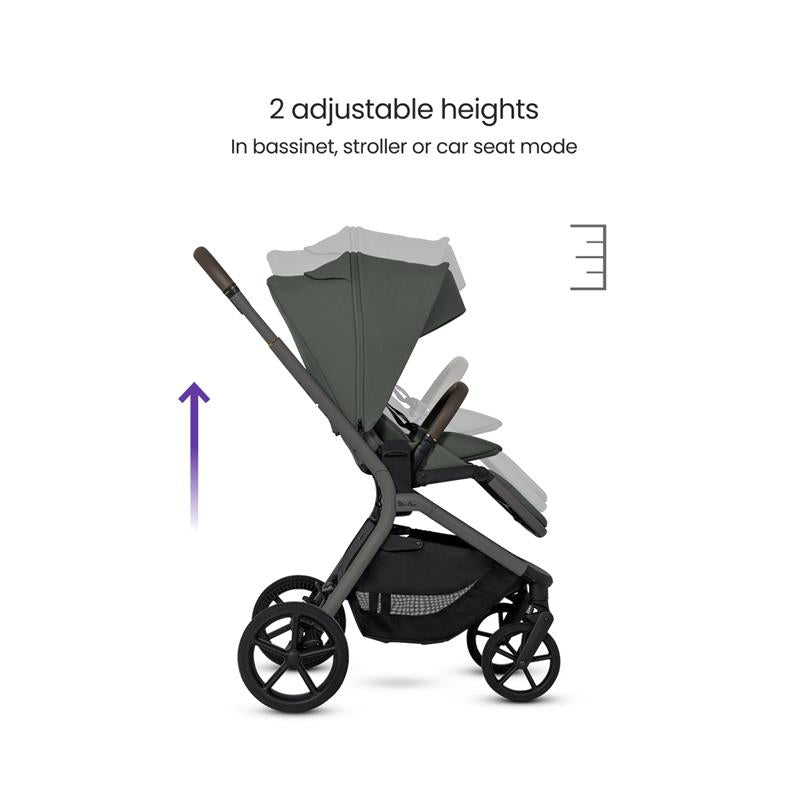 Silver Cross Breez Compact Stroller in pewter, featuring a sleek design with adjustable heights for bassinet, stroller, or car seat mode.
