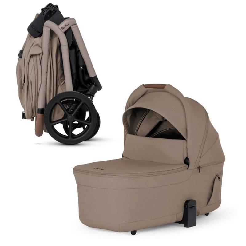 Silver Cross Breez Modular Stroller & Bassinet Bundle in Champagne; features a folded stroller and a matching bassinet.