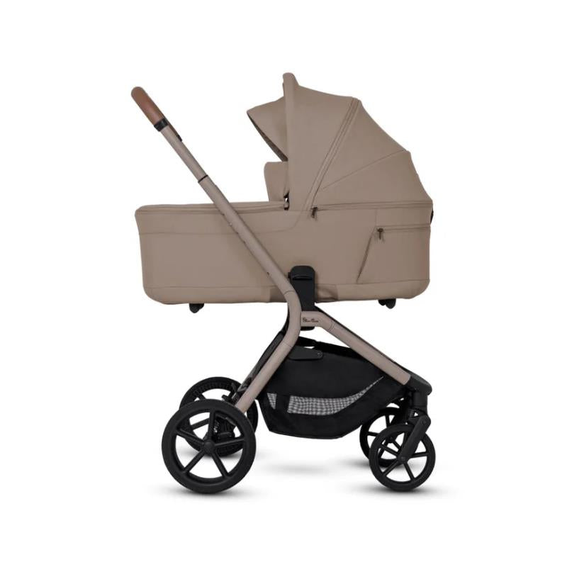 Silver Cross Breez modular stroller and bassinet bundle in champagne color, featuring a curved handle and large wheels.