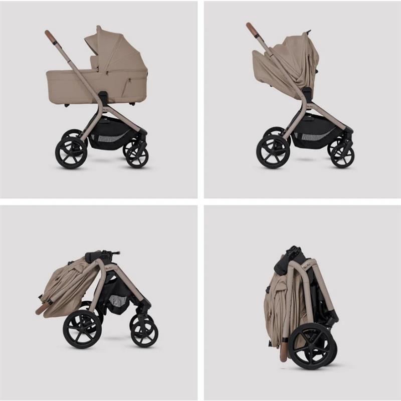 Silver Cross Breez Modular Stroller and Bassinet Bundle in Champagne, showcasing upright and folded configurations.