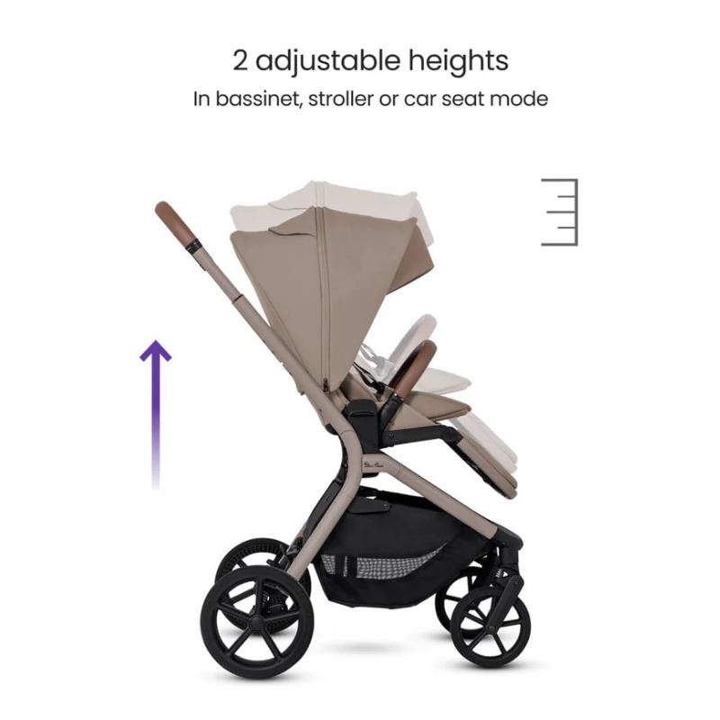 Silver Cross Breez Modular Stroller in Champagne, showing two adjustable heights for bassinet, stroller, or car seat mode.