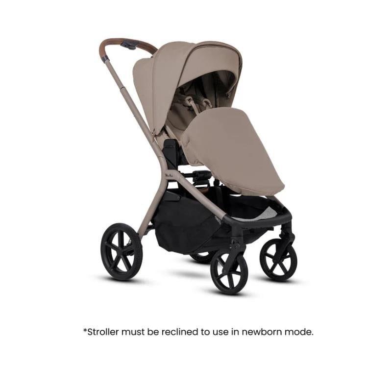 Silver Cross Breez Modular Stroller & Bassinet Bundle in Champagne color, highlighting reclined seat and storage basket.