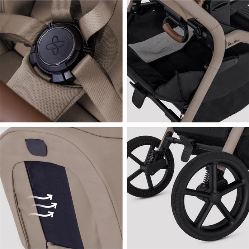 Silver Cross Breez Modular Stroller & Bassinet Bundle in Champagne, featuring adjustable harness, storage compartment, breathable fabric, and stylish wheels.
