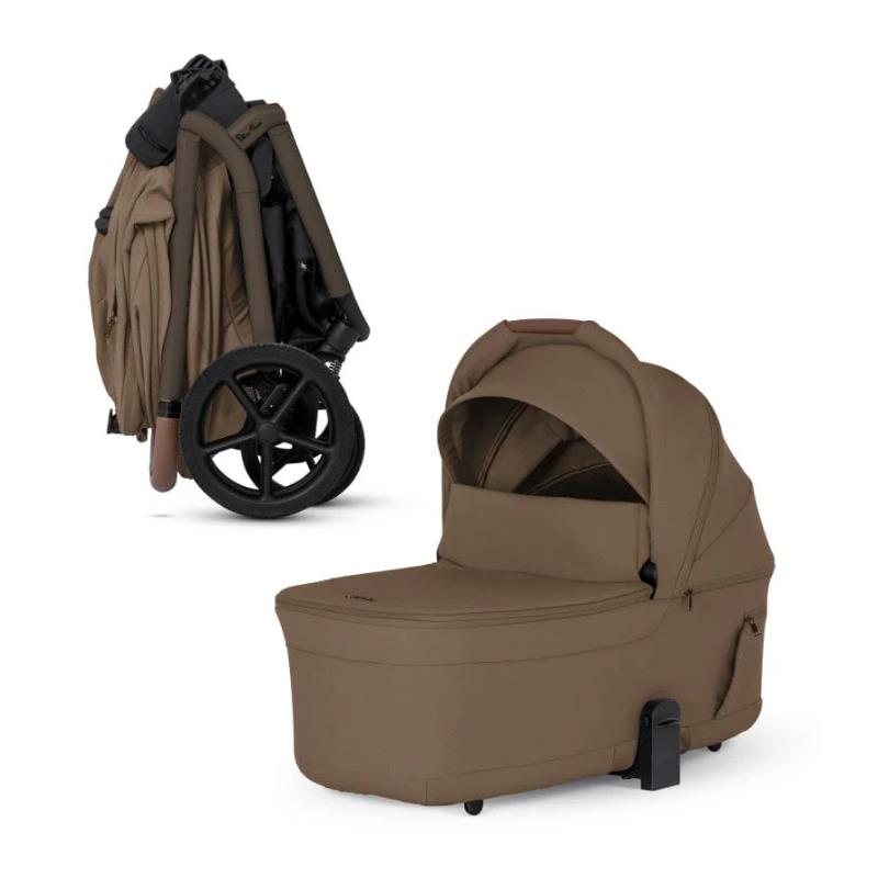 Silver Cross Breez Modular Stroller & Bassinet Bundle in maple color, featuring a compact foldable stroller and a bassinet.