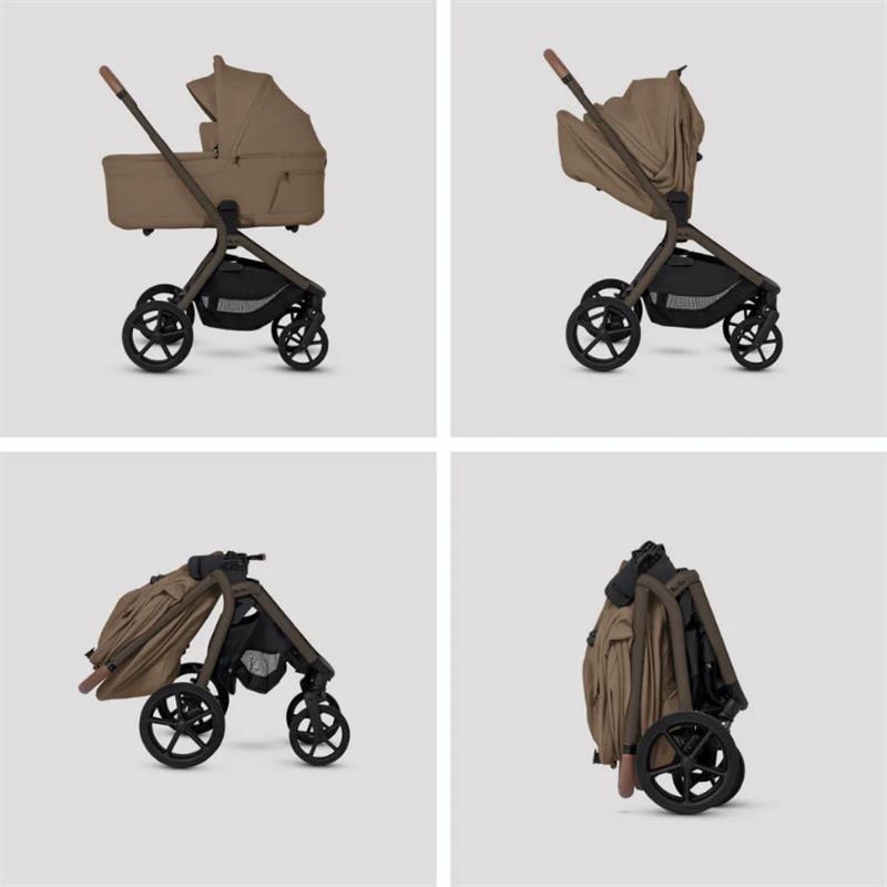 Silver Cross Breez Modular Stroller & Bassinet Bundle in Maple; features a bassinet and stroller with a compact folding design.