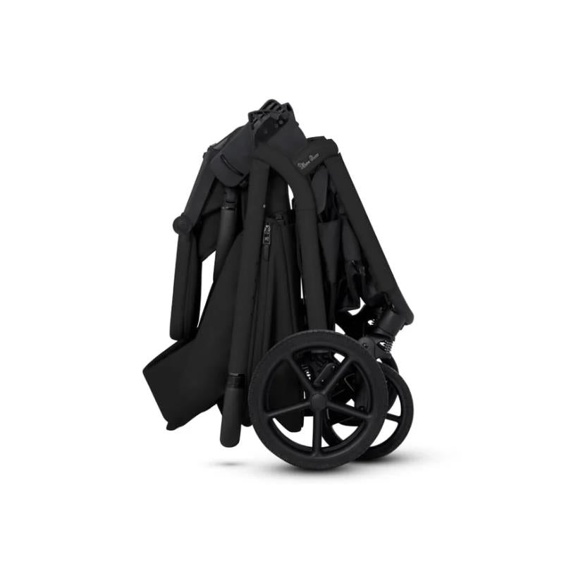 Silver Cross Breez Modular Stroller & Bassinet Bundle in Onyx, shown in a folded position with sleek black design.