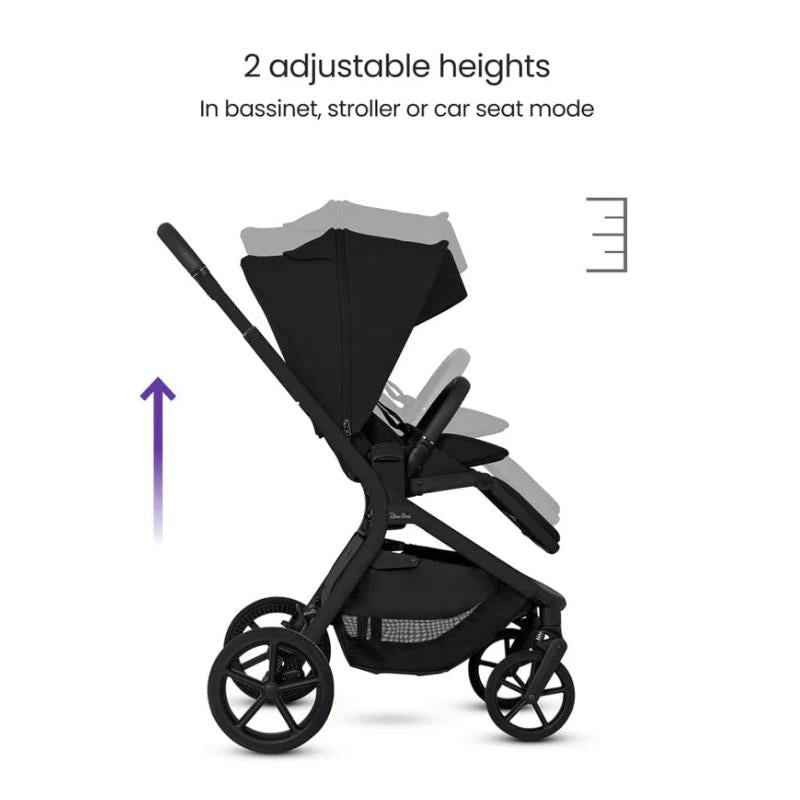 Silver Cross Breez Modular Stroller & Bassinet Bundle in Onyx, featuring adjustable heights for bassinet, stroller, and car seat modes.