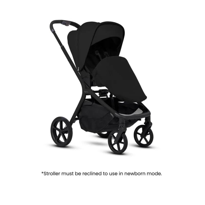 Silver Cross Breez Modular Stroller in Onyx with a black canopy and seat, featuring a storage basket below.