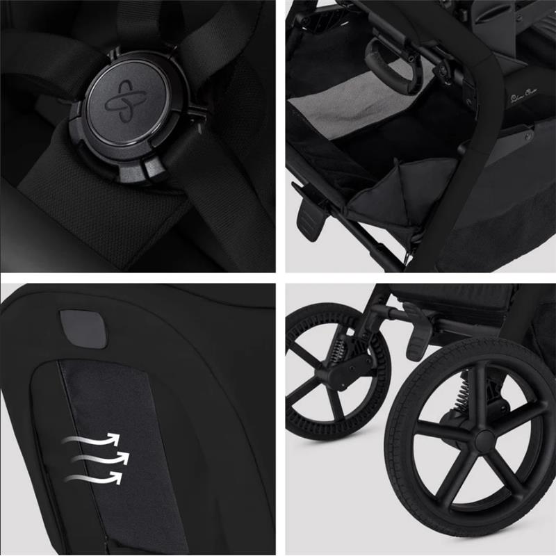 Silver Cross Breez stroller details: adjustable harness, spacious storage basket, ventilation feature, and sporty wheel design.