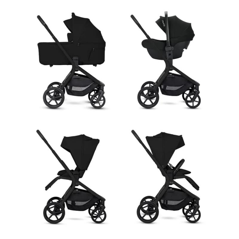 Silver Cross Breez Modular Stroller & Bassinet Bundle in Onyx, showcased in four views, highlighting versatility and modern design.