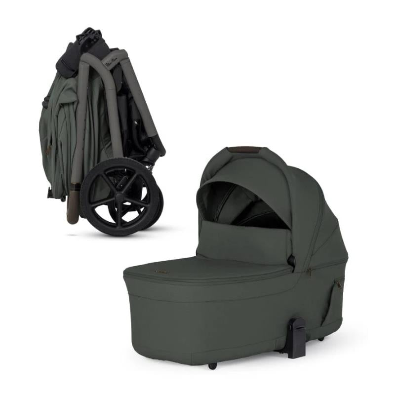 Silver Cross Breez modular stroller in pewter color, with a folded stroller on the left and a bassinet on the right.