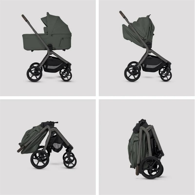 Silver Cross Breez modular stroller and bassinet bundle in pewter; includes stroller in upright and folded positions, showcasing versatility.