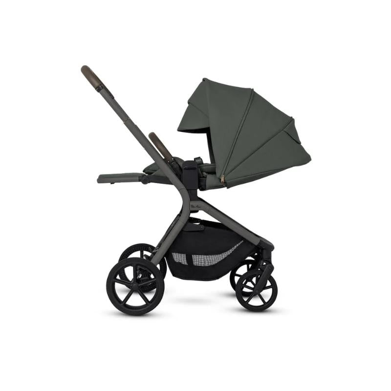 Silver Cross Breez Modular Stroller in pewter, featuring a large sunshade, adjustable handle, and spacious under-seat storage.