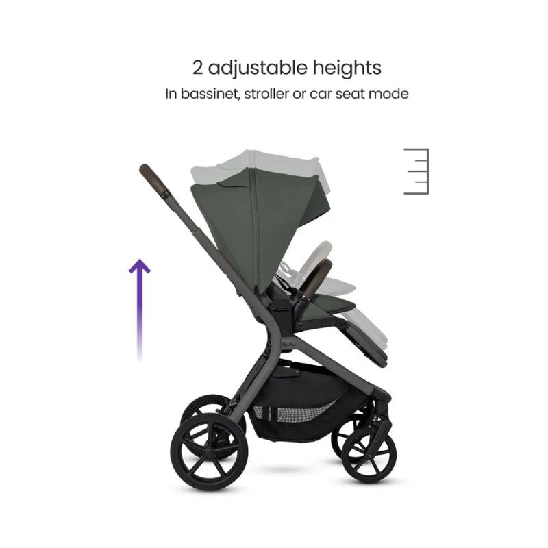 Silver Cross Breez Modular Stroller & Bassinet Bundle in pewter, featuring adjustable heights for bassinet, stroller, or car seat modes.