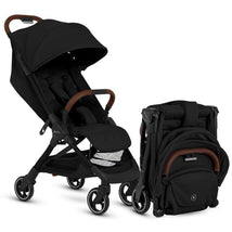 Lightweight Silver Cross Clic stroller in black with a brown handle, shown both in an upright position and folded.