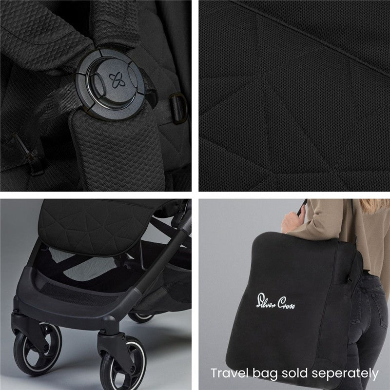 Lightweight Black Silver Cross Clic stroller details, showcasing harness, fabric texture, wheels, and a carrying bag.
