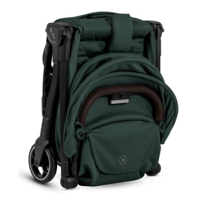 Silver Cross Clic Lightweight Stroller in Conifer green, compact and folded, featuring a black handle and storage compartment.