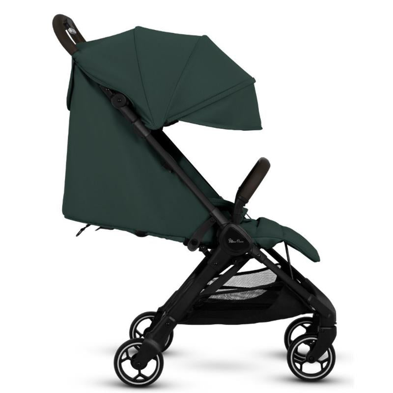 Lightweight Silver Cross Clic stroller in Conifer green, featuring a folded canopy, black frame, and mesh storage basket.