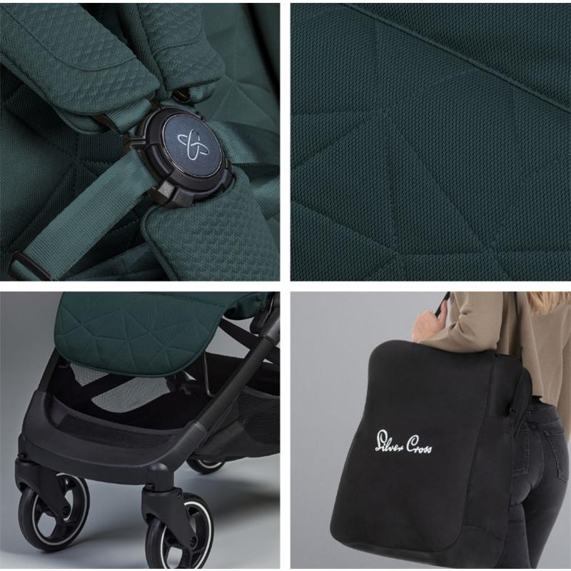 Lightweight Silver Cross Clic stroller in Conifer green, featuring a sturdy frame, adjustable harness, and a matching carry bag.