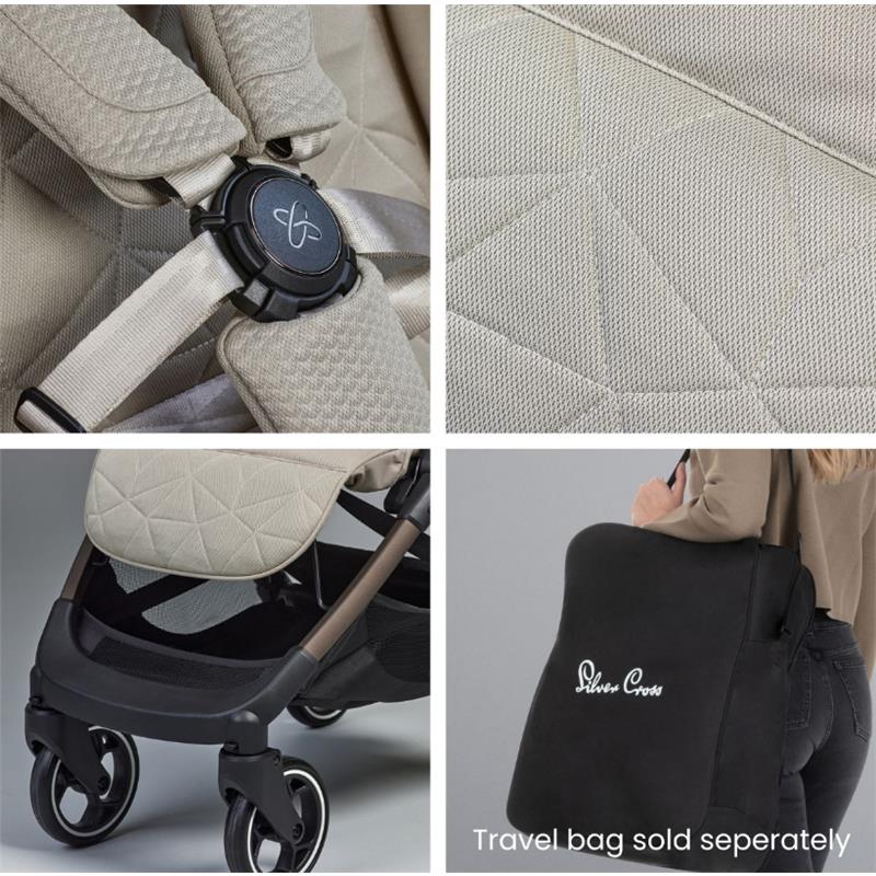 Lightweight Silver Cross Clic stroller in Latte color, featuring a soft quilted seat, harness system, and a travel bag.