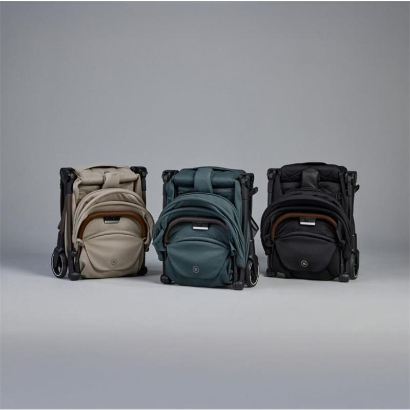 Three folded lightweight strollers in latte, teal, and black colors, showcasing their compact design and mobility features.