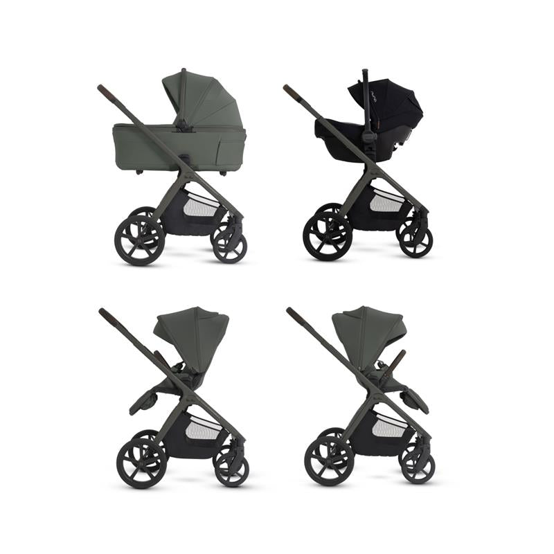 Silver Cross Cove 2 Compact Bassinet in pewter, displayed in various positions on a stroller frame.