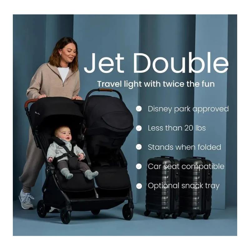 Double stroller featuring two seats in black, with a woman beside it, highlighting travel features and specifications.