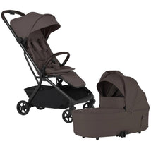 Compact travel stroller and bassinet bundle in chocolate color featuring a reclining seat and protective canopy.