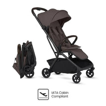 Silver Cross Nia Compact Travel Stroller in chocolate color, folded and unfolded positions displayed, with IATA Cabin Compliant logo.