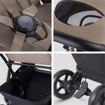 Compact travel stroller in champagne color featuring a secure harness, mesh peek-a-boo window, spacious storage basket, and swivel wheels.