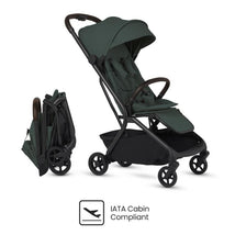 Silver Cross Nia Compact Travel Stroller in Conifer color, featuring a folding design and IATA cabin compliant icon.