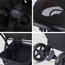 Compact travel stroller in Onyx Black showing harness details, storage basket, rear wheels, and mesh ventilation.