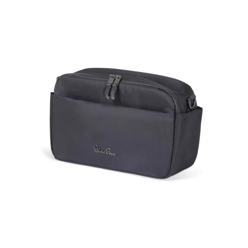 Stroller organizer in black with two zippered compartments and a front pocket, featuring the Silver Cross logo.