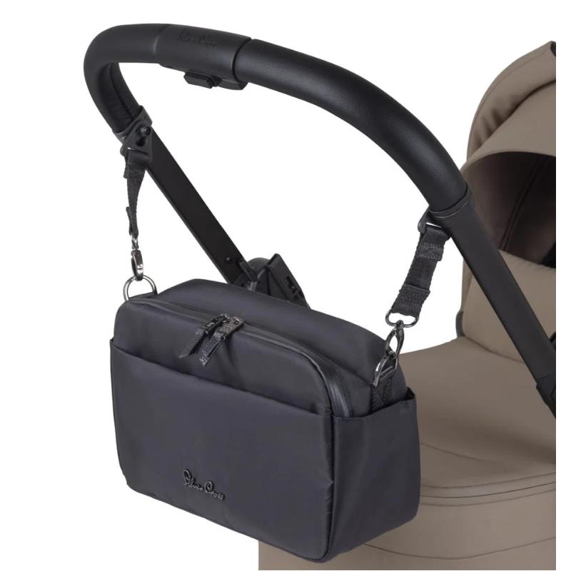 Silver Cross Universal Parent Stroller Organizer in black, attached to a stroller handle, featuring a zippered main compartment.