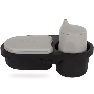 Universal snack tray by Silver Cross, featuring a black design with a gray container and cup, for easy feeding on-the-go.