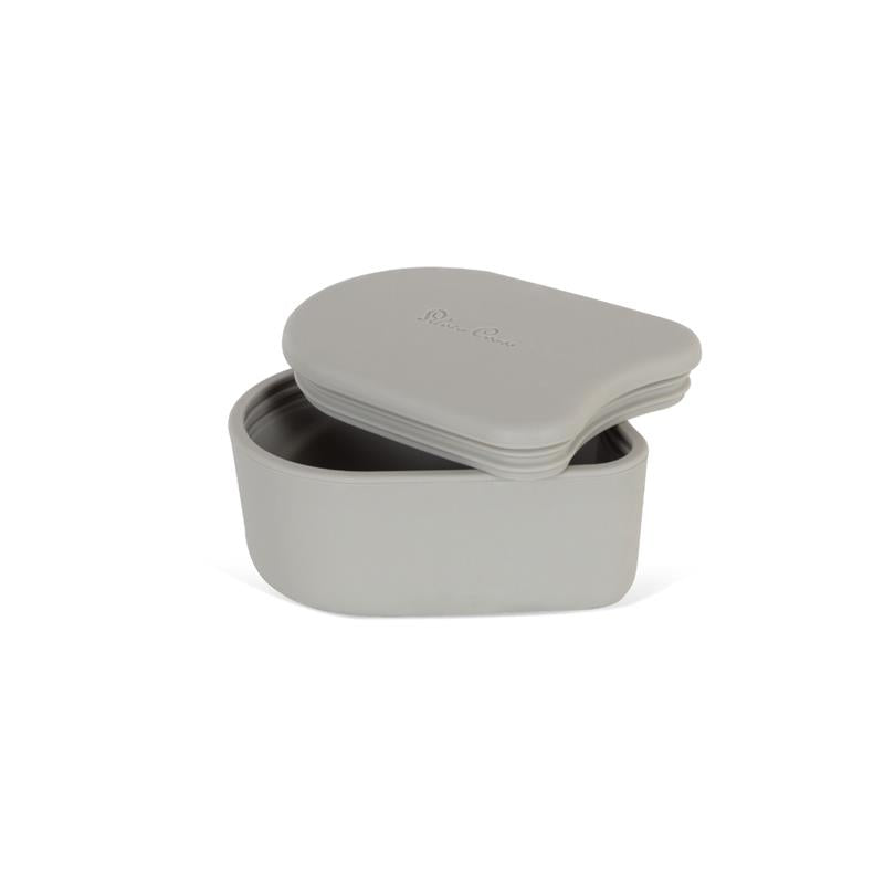 Silver Cross Universal Snack Tray in light gray, featuring a smooth, rounded design and a lid, suitable for snacks.