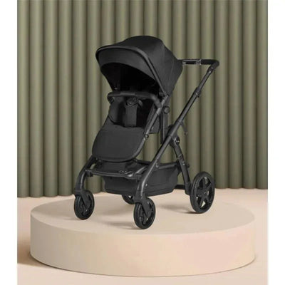 Silver Cross Wave single-to-double stroller in Onyx color, featuring a sturdy frame, adjustable canopy, and spacious seating.