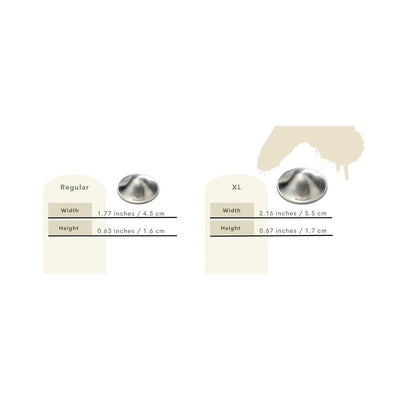 Silveranna® 925 Silver Nipple Shields in sizes Regular and XL, displaying measurements and design details clearly.