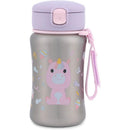 Stainless steel sippy cup featuring a pink unicorn design, a purple lid, and a detachable strap.