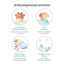Skip Hop 2-in-1 Baby Activity Center showcasing four developmental toys: crab rattle, fish clackers, light-up piano, and bubble bead mover.