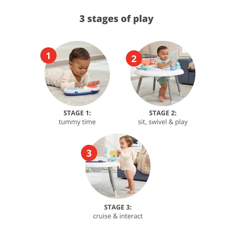Baby Activity Center showcasing three play stages: tummy time, sit and play, and cruise and interact, with kids engaging in each.