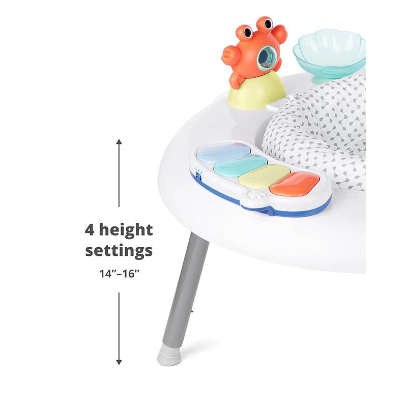 Skip Hop 2-in-1 Baby Activity Center with multiple toys, piano keys, adjustable height settings, and cushioned seat.