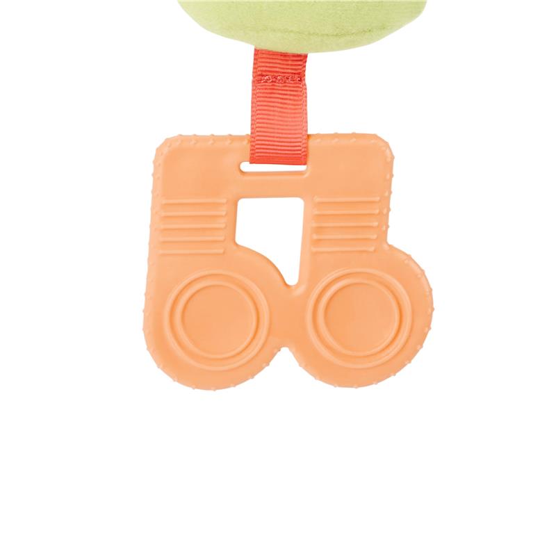 Teether stroller toy featuring an orange tractor-shaped teether attached to a green plush. Ideal for baby play and teething relief.