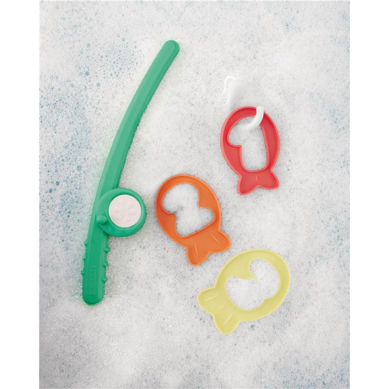 Colorful plastic fishing rod and four fish-shaped bath toys in a bubbly water setting, designed for baby play and STEM learning.