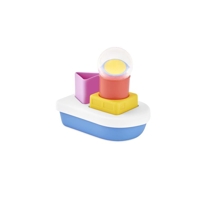 Colorful stacking boat toy with a boat-shaped base, featuring a red cylinder, yellow square, and purple triangle.